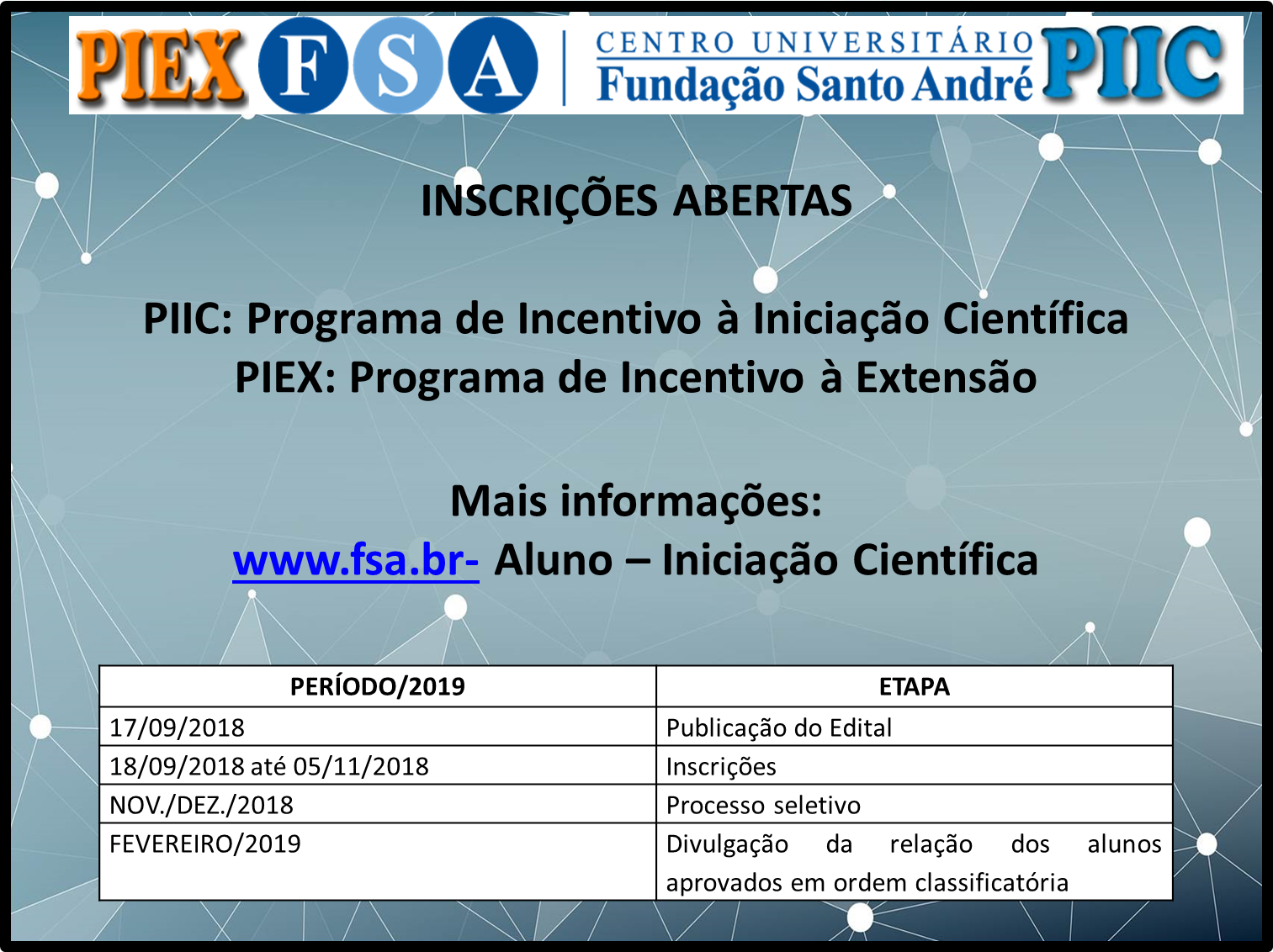 No momento você está vendo Programa Institucional de Incentivo à Iniciação Científica (PIIC/FSA) e Programa de Incentivo à Extensão (PIEX/FSA)