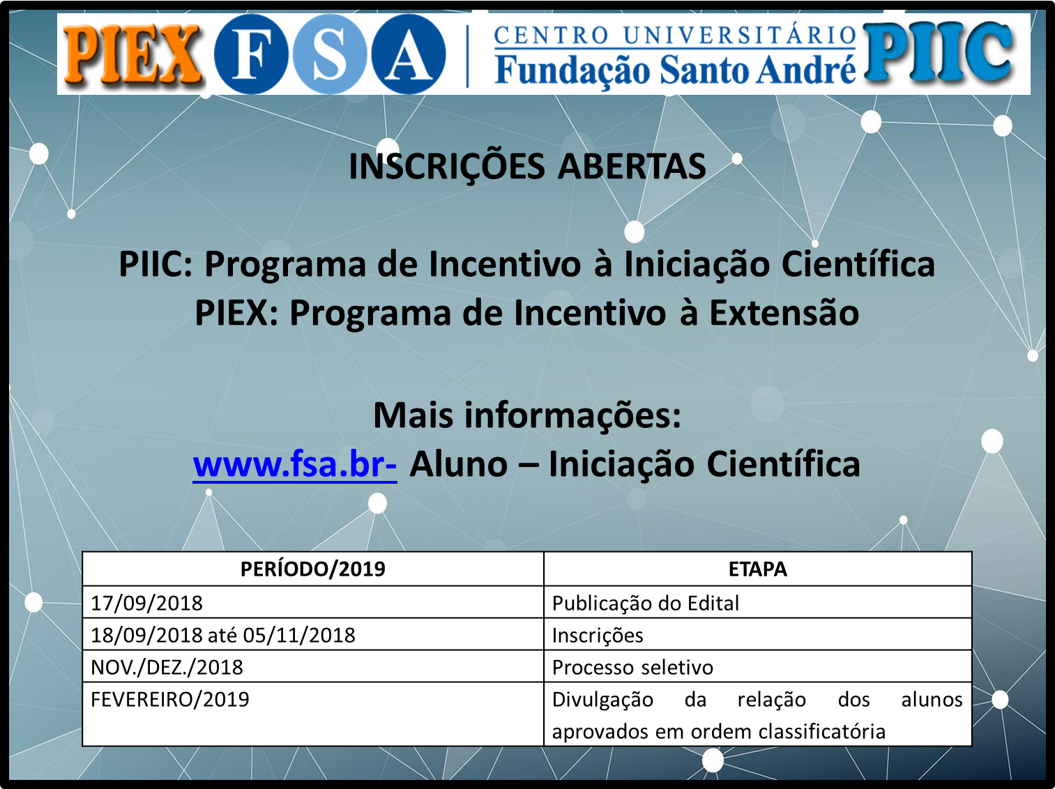 Você está visualizando atualmente Programa Institucional de Incentivo à Iniciação Científica (PIIC/FSA) e Programa de Incentivo à Extensão (PIEX/FSA)