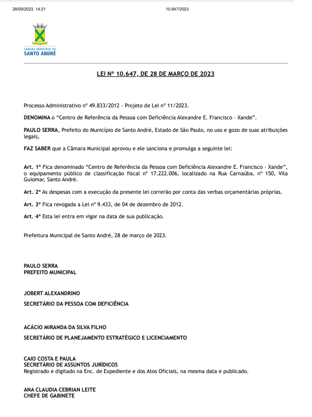 Câmara Municipal de Santo André sancionou e aprovou a Lei que denomina o CRPD