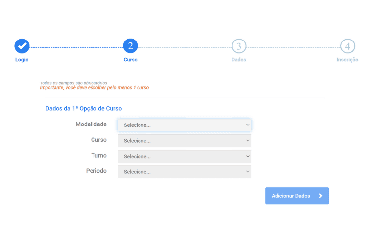 Página de escolha de curso da inscrição no vestibular 2024