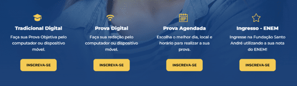 Página do vestibular da Fundação Santo André com os tipos de prova