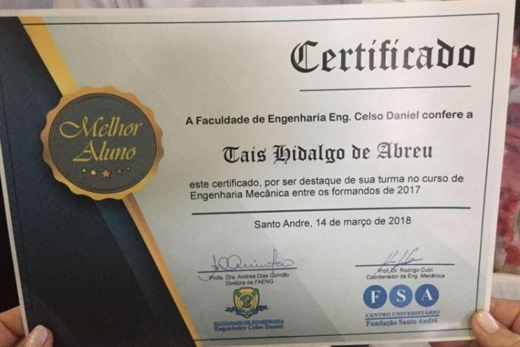 Taís Hidalgo foi a melhor aluna de Engenharia Mecânica da Fundação Santo André em 2017