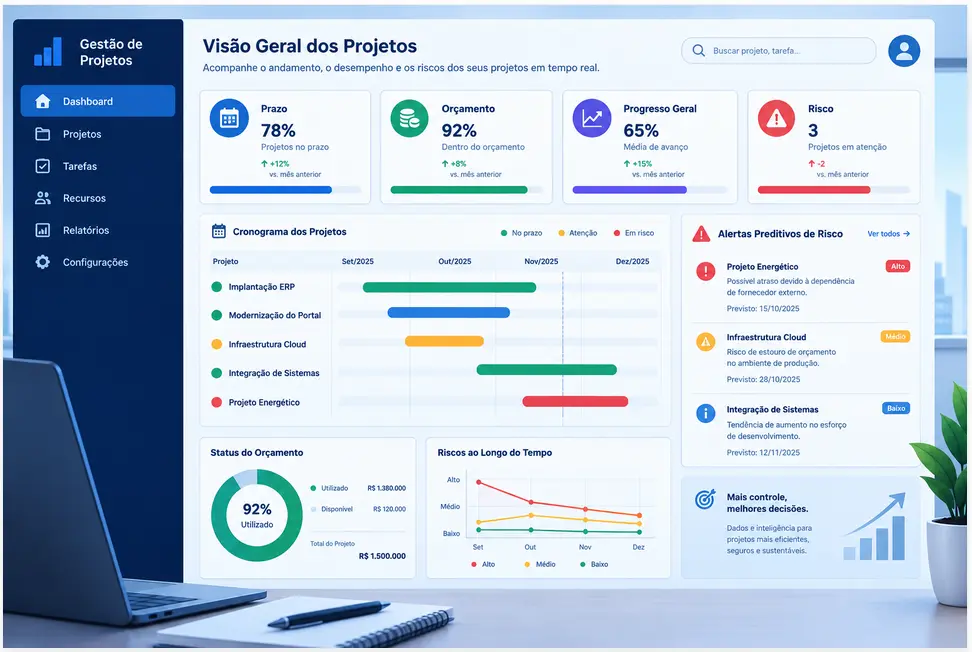 Infográfico: Esquema gráfico comparando as fases de um Projeto Contínuo (operação contínua) versus um Projeto Temporário (lançamento de produto com início, meio e fim)